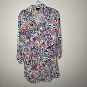 Talbots Womens XS Nautical Sea Life Print Button Down Shirt Dress Colorful Artsy